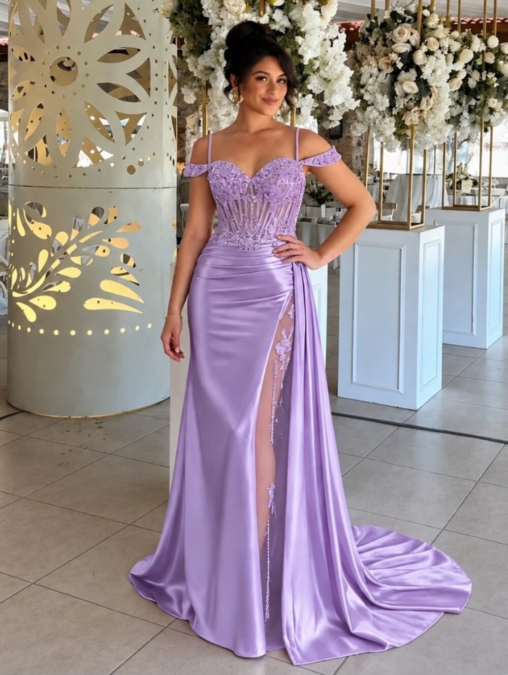 Off Shoulder Satin Beaded Prom Dress Mermaid XL 16 Homecoming NWT Lavender Lilac